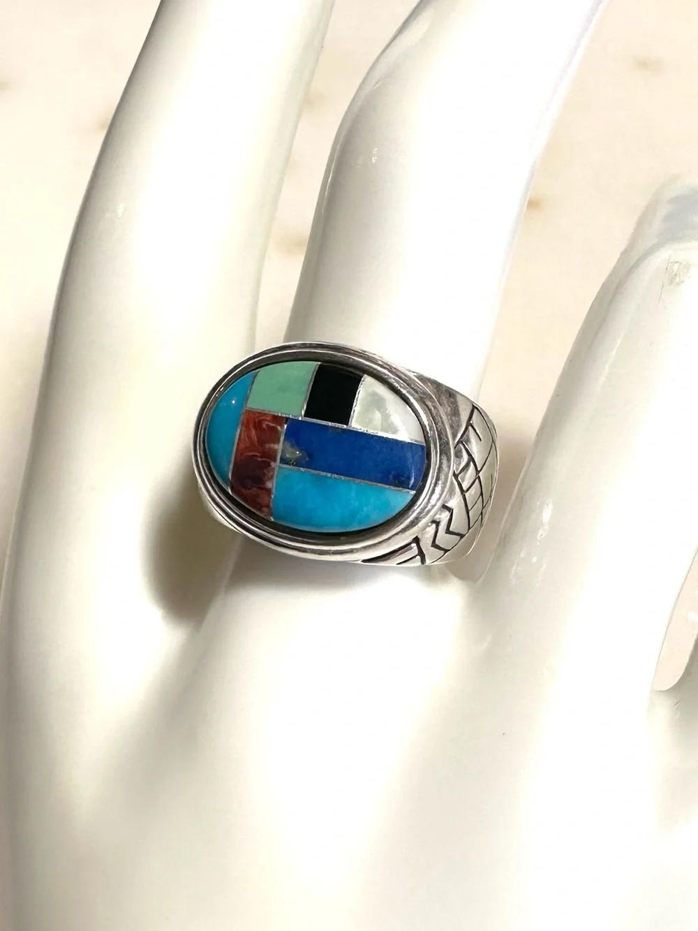 Carolyn Pollack Multi-Gemstone Geometric Inlay Southwest Sterling Silver Ring